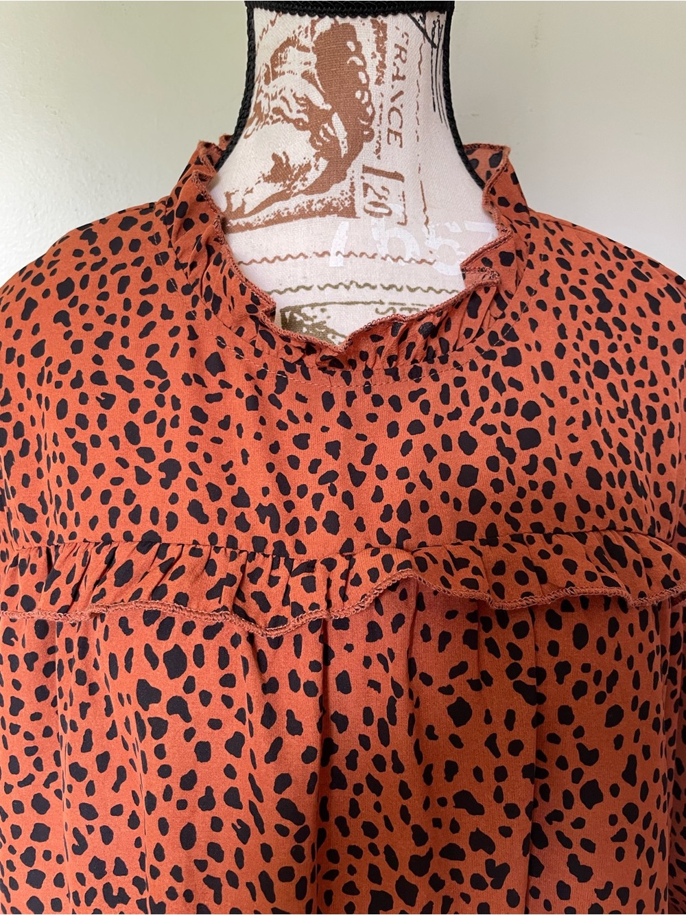 Rust-Colored Cheetah Print Ruffle Neck Blouse, Size L - Picture 2 of 8